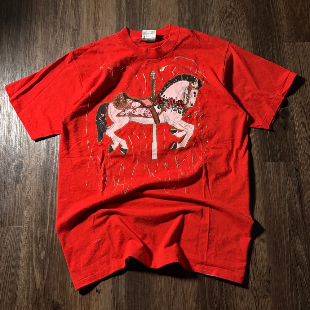 Vintage Oneita Power 50 Carousel Horse Graphic T-Shirt Red XL Made in USA 90s